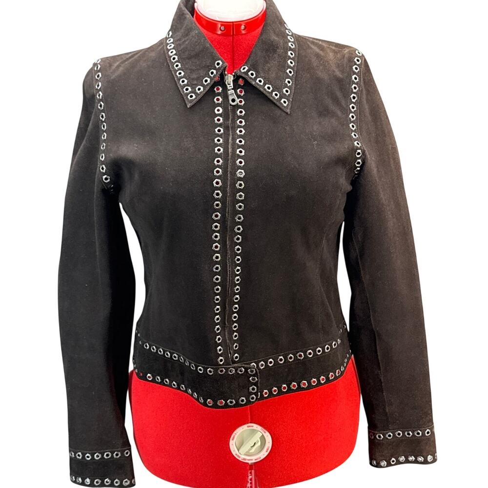 Jim & MaryLou Industrial Metal Detail Dark Brown Suede Zip Up Jacket Women XL